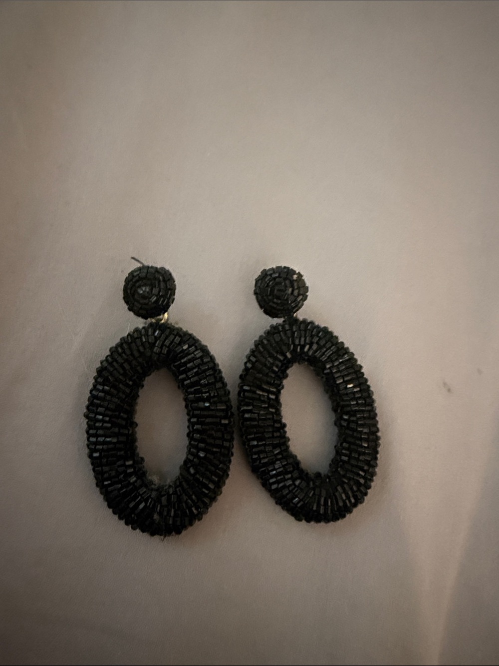 Black Beaded Oval Drop Earrings - Unbranded